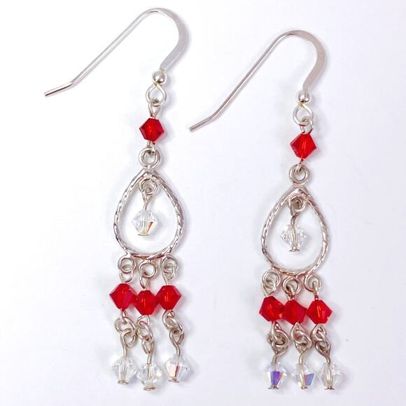 Vintage Artisan Sterling Silver Red Swarovski Crystal Dangle Earrings Handmade - Picture 7 of 13